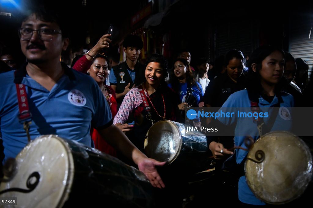 KATHMANDU, NEPAL, SEPTEMBER 26, 2026: Devotees pull chariots carrying Living Goddess Kumari Aryatara Shakya and the living deities Ganesh and Bhairav through the historic streets of Kathmandu during Thaneyā, the second chariot procession of the annual Indra Jatra festival. Large crowds gathered along the northern route of the old city as the three living deities were carried through areas including Asan and Indra Chowk. The celebrations also featured traditional masked dances, Newar music and public displays of deities including Swet Bhairab and Akash Bhairab. This year marks Aryatara Shakya’s first Indra Jatra as Kathmandu’s Living Goddess Kumari. Photo by Safal Prakash Shrestha / JNA Press. (Photo by Safal Prakash Shrestha/JNA Press via Nexpher Images)