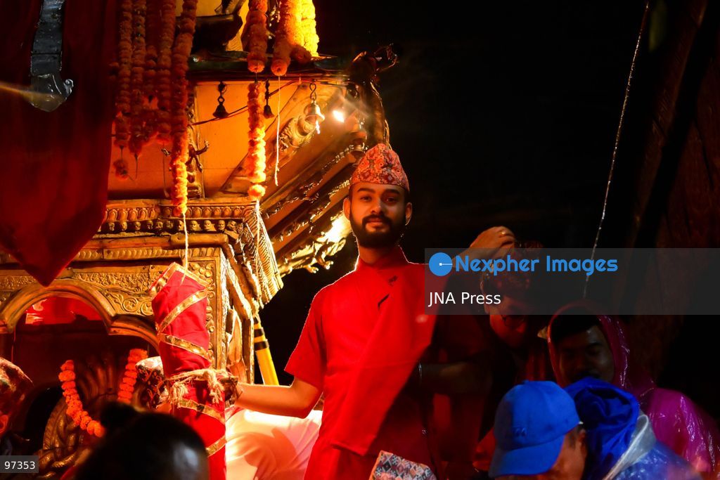 KATHMANDU, NEPAL, SEPTEMBER 26, 2026: Devotees pull chariots carrying Living Goddess Kumari Aryatara Shakya and the living deities Ganesh and Bhairav through the historic streets of Kathmandu during Thaneyā, the second chariot procession of the annual Indra Jatra festival. Large crowds gathered along the northern route of the old city as the three living deities were carried through areas including Asan and Indra Chowk. The celebrations also featured traditional masked dances, Newar music and public displays of deities including Swet Bhairab and Akash Bhairab. This year marks Aryatara Shakya’s first Indra Jatra as Kathmandu’s Living Goddess Kumari. Photo by Safal Prakash Shrestha / JNA Press. (Photo by Safal Prakash Shrestha/JNA Press via Nexpher Images)