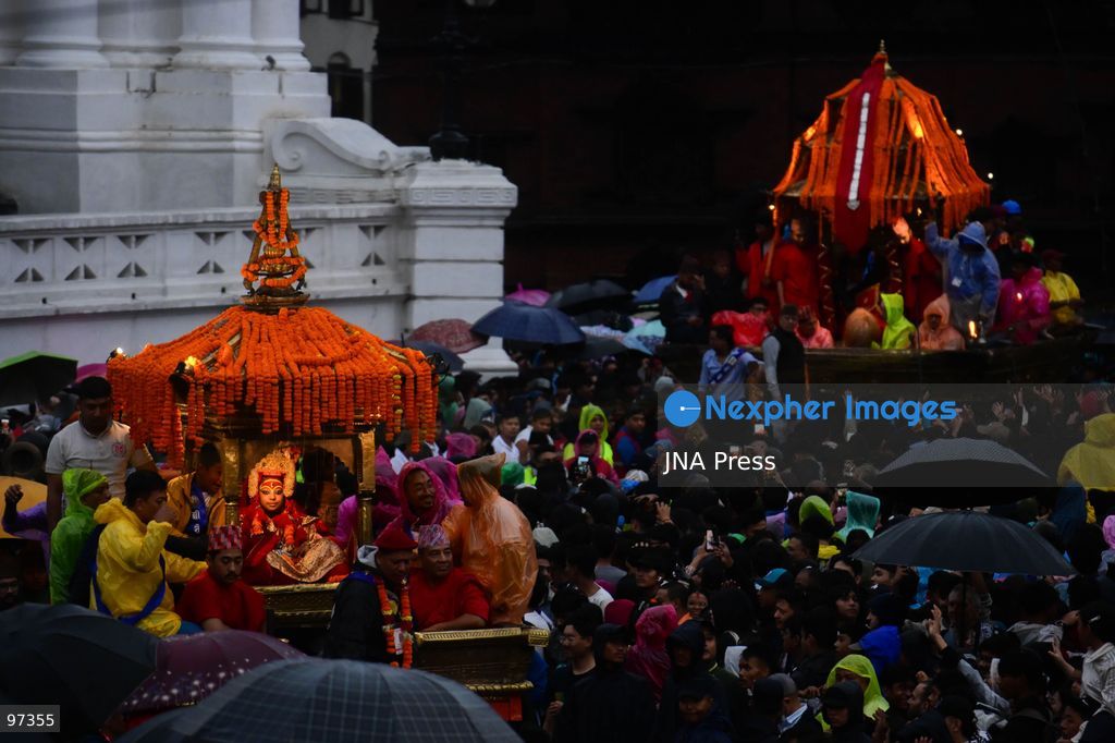 KATHMANDU, NEPAL, SEPTEMBER 26, 2026: Devotees pull chariots carrying Living Goddess Kumari Aryatara Shakya and the living deities Ganesh and Bhairav through the historic streets of Kathmandu during Thaneyā, the second chariot procession of the annual Indra Jatra festival. Large crowds gathered along the northern route of the old city as the three living deities were carried through areas including Asan and Indra Chowk. The celebrations also featured traditional masked dances, Newar music and public displays of deities including Swet Bhairab and Akash Bhairab. This year marks Aryatara Shakya’s first Indra Jatra as Kathmandu’s Living Goddess Kumari. Photo by Safal Prakash Shrestha / JNA Press. (Photo by Safal Prakash Shrestha/JNA Press via Nexpher Images)