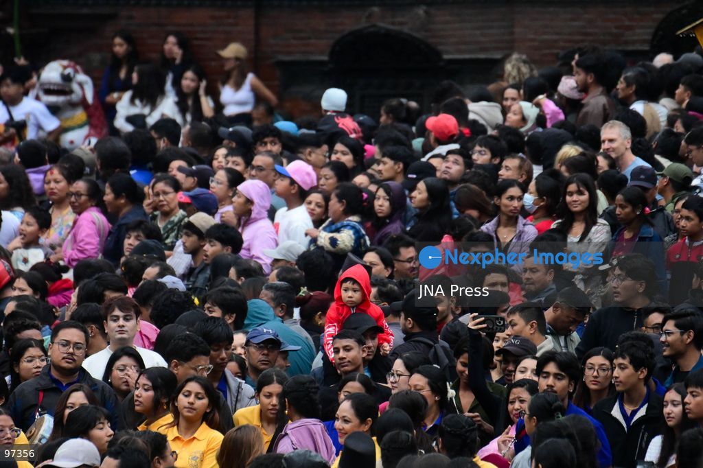 KATHMANDU, NEPAL, SEPTEMBER 26, 2026: Devotees pull chariots carrying Living Goddess Kumari Aryatara Shakya and the living deities Ganesh and Bhairav through the historic streets of Kathmandu during Thaneyā, the second chariot procession of the annual Indra Jatra festival. Large crowds gathered along the northern route of the old city as the three living deities were carried through areas including Asan and Indra Chowk. The celebrations also featured traditional masked dances, Newar music and public displays of deities including Swet Bhairab and Akash Bhairab. This year marks Aryatara Shakya’s first Indra Jatra as Kathmandu’s Living Goddess Kumari. Photo by Safal Prakash Shrestha / JNA Press. (Photo by Safal Prakash Shrestha/JNA Press via Nexpher Images)