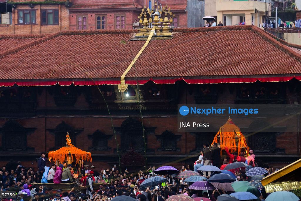 KATHMANDU, NEPAL, SEPTEMBER 26, 2026: Devotees pull chariots carrying Living Goddess Kumari Aryatara Shakya and the living deities Ganesh and Bhairav through the historic streets of Kathmandu during Thaneyā, the second chariot procession of the annual Indra Jatra festival. Large crowds gathered along the northern route of the old city as the three living deities were carried through areas including Asan and Indra Chowk. The celebrations also featured traditional masked dances, Newar music and public displays of deities including Swet Bhairab and Akash Bhairab. This year marks Aryatara Shakya’s first Indra Jatra as Kathmandu’s Living Goddess Kumari. Photo by Safal Prakash Shrestha / JNA Press. (Photo by Safal Prakash Shrestha/JNA Press via Nexpher Images)