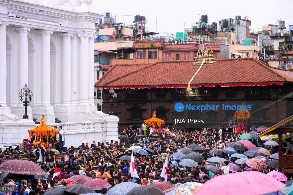 KATHMANDU, NEPAL, SEPTEMBER 26, 2026: Devotees pull chariots carrying Living Goddess Kumari Aryatara Shakya and the living deities Ganesh and Bhairav through the historic streets of Kathmandu during Thaneyā, the second chariot procession of the annual Indra Jatra festival. Large crowds gathered along the northern route of the old city as the three living deities were carried through areas including Asan and Indra Chowk. The celebrations also featured traditional masked dances, Newar music and public displays of deities including Swet Bhairab and Akash Bhairab. This year marks Aryatara Shakya’s first Indra Jatra as Kathmandu’s Living Goddess Kumari. Photo by Safal Prakash Shrestha / JNA Press. (Photo by Safal Prakash Shrestha/JNA Press via Nexpher Images)