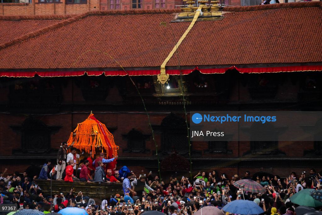 KATHMANDU, NEPAL, SEPTEMBER 26, 2026: Devotees pull chariots carrying Living Goddess Kumari Aryatara Shakya and the living deities Ganesh and Bhairav through the historic streets of Kathmandu during Thaneyā, the second chariot procession of the annual Indra Jatra festival. Large crowds gathered along the northern route of the old city as the three living deities were carried through areas including Asan and Indra Chowk. The celebrations also featured traditional masked dances, Newar music and public displays of deities including Swet Bhairab and Akash Bhairab. This year marks Aryatara Shakya’s first Indra Jatra as Kathmandu’s Living Goddess Kumari. Photo by Safal Prakash Shrestha / JNA Press. (Photo by Safal Prakash Shrestha/JNA Press via Nexpher Images)