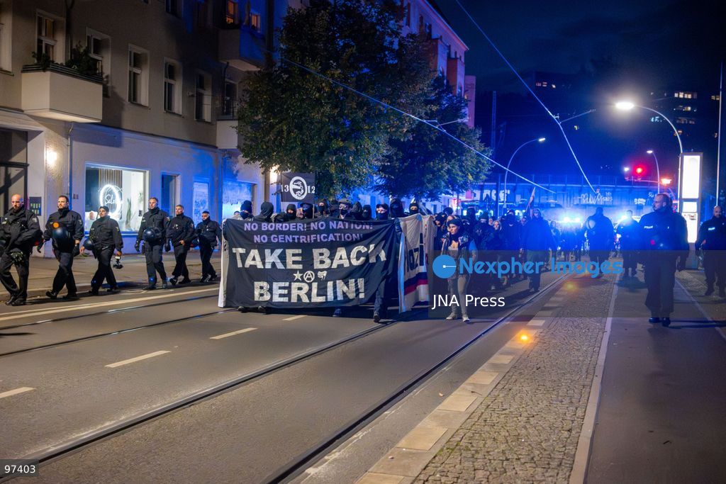 BERLIN, GERMANY, SEPTEMBER 26, 2026: Demonstrators march through the Friedrichshain district of Berlin in support of the occupied building known as Hugohaus at Gürtelstraße 39, following a police operation that removed the remaining occupants from the property. Around 200 people joined the demonstration, according to the photographer, protesting the police action and calling for the preservation of the occupied building. Police later dispersed the demonstration and detained one person. Photo by Jess Flom / JNA Press. (Photo by jess flom/JNA Press via Nexpher Images)