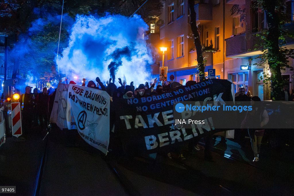 BERLIN, GERMANY, SEPTEMBER 26, 2026: Demonstrators march through the Friedrichshain district of Berlin in support of the occupied building known as Hugohaus at Gürtelstraße 39, following a police operation that removed the remaining occupants from the property. Around 200 people joined the demonstration, according to the photographer, protesting the police action and calling for the preservation of the occupied building. Police later dispersed the demonstration and detained one person. Photo by Jess Flom / JNA Press. (Photo by jess flom/JNA Press via Nexpher Images)