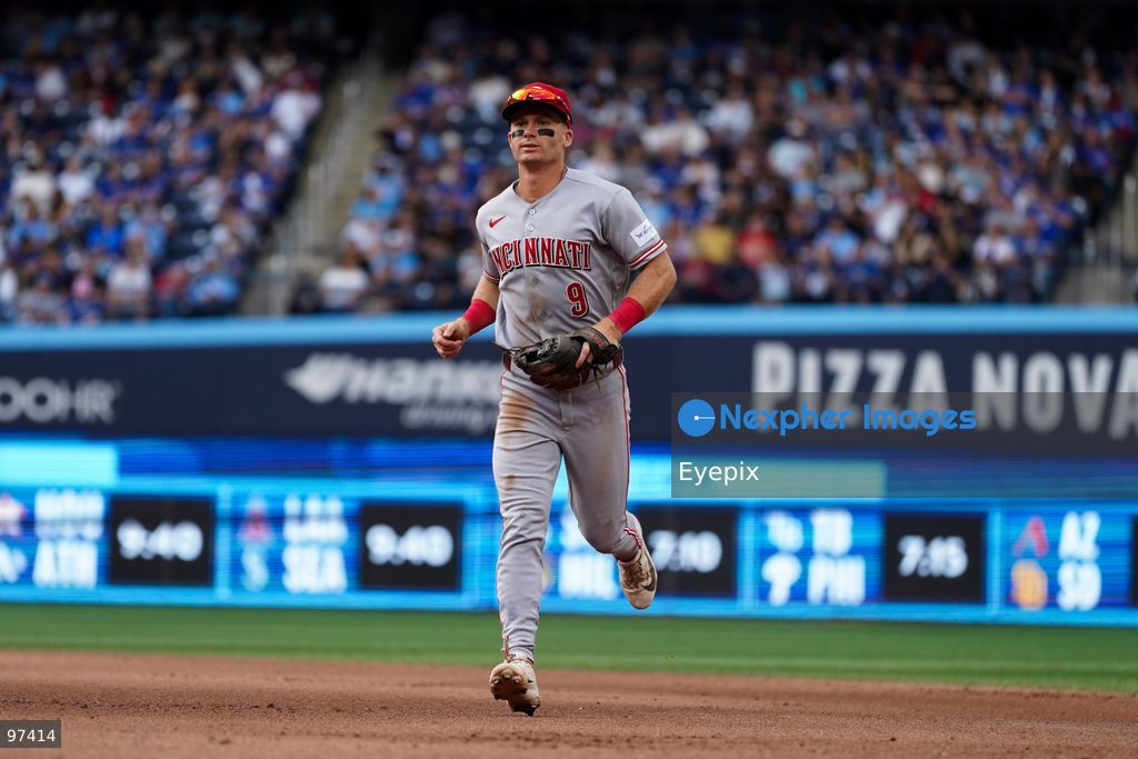 Matt McLain #9 of Cincinnati Reds runs on the field during the game against the Toronto Blue Jays at Rogers Centre on September 26, 2026, in Toronto, Ontario, Canada. (Photo by Leonardo Ramirez/ Eyepix Group) (Photo by Leonardo Ramirez/ Eyepix Group/Eyepix via Nexpher Images)