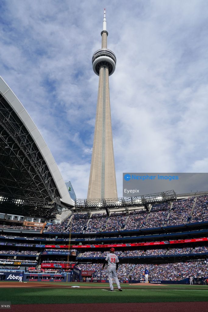 A general scenic view of the CN Tower towering over Rogers Centre during the regular season MLB game between the Cincinnati Reds and the Toronto Blue Jays on September 26, 2026, in Toronto, Ontario, Canada. (Photo by Leonardo Ramirez/ Eyepix Group) (Photo by Leonardo Ramirez/ Eyepix Group/Eyepix via Nexpher Images)