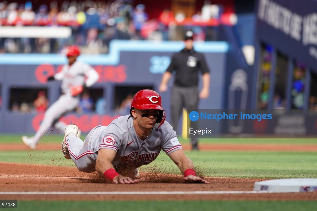 Cincinnati Reds second baseman Jonathan India #6 slides head-first into a base during the game against the Toronto Blue Jays at Rogers Centre on September 26, 2026, in Toronto, Ontario, Canada. (Photo by Leonardo Ramirez/ Eyepix Group) (Photo by Leonardo Ramirez/ Eyepix Group/Eyepix via Nexpher Images)