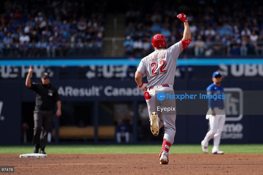 JJ Bleday #22 of Cincinnati Reds celebrates as he rounds the bases during the game against the Toronto Blue Jays at Rogers Centre on September 26, 2026, in Toronto, Ontario, Canada. (Photo by Leonardo Ramirez/ Eyepix Group) (Photo by Leonardo Ramirez/ Eyepix Group/Eyepix via Nexpher Images)