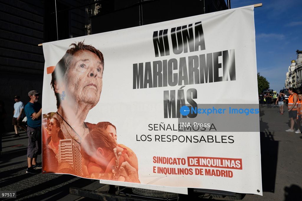 MADRID, SPAIN, SEPTEMBER 26, 2026: Demonstrators march through central Madrid during a protest against evictions organized by the Sindicato de Inquilinas e Inquilinos de Madrid. The demonstration began at Puerta del Sol and ended outside the Congress of Deputies, with protesters demanding stronger housing protections following the eviction earlier in the week of 87-year-old Maricarmen Abascal. After the march, protesters erected tents at Puerta del Sol as a housing protest encampment began in the square. Photo by Tomas Calle / JNA Press. (Photo by Tomas Calle/JNA Press via Nexpher Images)