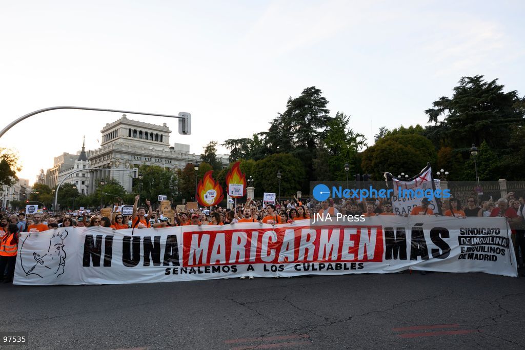 MADRID, SPAIN, SEPTEMBER 26, 2026: Demonstrators march through central Madrid during a protest against evictions organized by the Sindicato de Inquilinas e Inquilinos de Madrid. The demonstration began at Puerta del Sol and ended outside the Congress of Deputies, with protesters demanding stronger housing protections following the eviction earlier in the week of 87-year-old Maricarmen Abascal. After the march, protesters erected tents at Puerta del Sol as a housing protest encampment began in the square. Photo by Tomas Calle / JNA Press. (Photo by Tomas Calle/JNA Press via Nexpher Images)