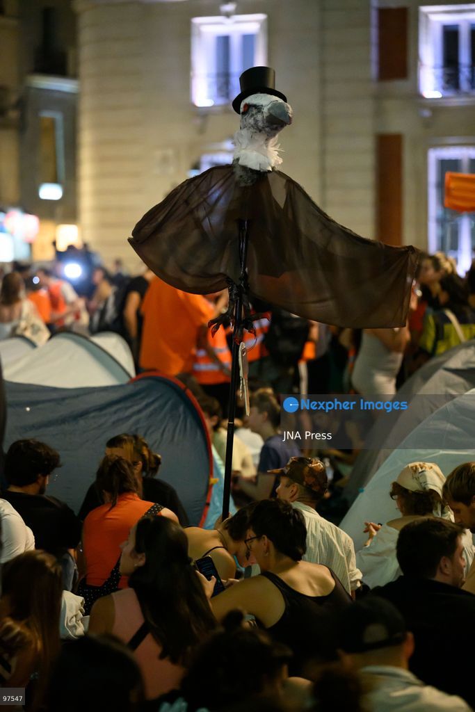 MADRID, SPAIN, SEPTEMBER 26, 2026: Demonstrators march through central Madrid during a protest against evictions organized by the Sindicato de Inquilinas e Inquilinos de Madrid. The demonstration began at Puerta del Sol and ended outside the Congress of Deputies, with protesters demanding stronger housing protections following the eviction earlier in the week of 87-year-old Maricarmen Abascal. After the march, protesters erected tents at Puerta del Sol as a housing protest encampment began in the square. Photo by Tomas Calle / JNA Press. (Photo by Tomas Calle/JNA Press via Nexpher Images)