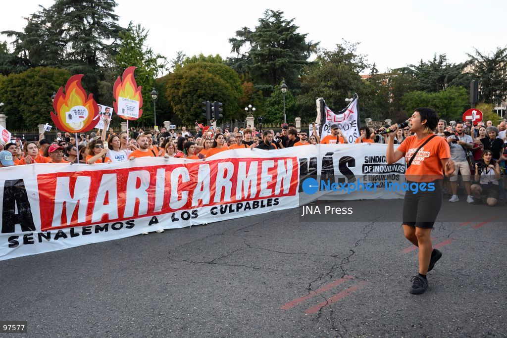 MADRID, SPAIN, SEPTEMBER 26, 2026: Demonstrators march through central Madrid during a protest against evictions organized by the Sindicato de Inquilinas e Inquilinos de Madrid. The demonstration began at Puerta del Sol and ended outside the Congress of Deputies, with protesters demanding stronger housing protections following the eviction earlier in the week of 87-year-old Maricarmen Abascal. After the march, protesters erected tents at Puerta del Sol as a housing protest encampment began in the square. Photo by Tomas Calle / JNA Press. (Photo by Tomas Calle/JNA Press via Nexpher Images)