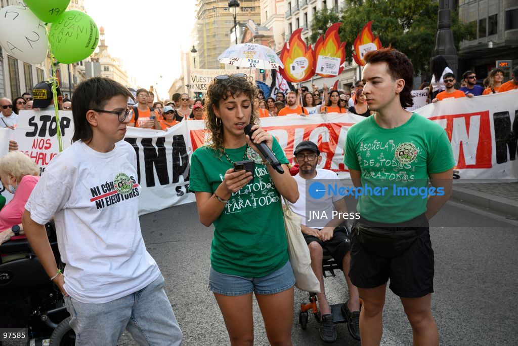 MADRID, SPAIN, SEPTEMBER 26, 2026: Demonstrators march through central Madrid during a protest against evictions organized by the Sindicato de Inquilinas e Inquilinos de Madrid. The demonstration began at Puerta del Sol and ended outside the Congress of Deputies, with protesters demanding stronger housing protections following the eviction earlier in the week of 87-year-old Maricarmen Abascal. After the march, protesters erected tents at Puerta del Sol as a housing protest encampment began in the square. Photo by Tomas Calle / JNA Press. (Photo by Tomas Calle/JNA Press via Nexpher Images)