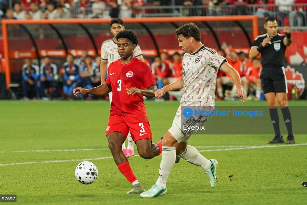 Ralph Priso #03 of Canada and Gonzalo Tapia #16 of Chile battle for the ball during the International Friendly match between Canada and Chile at BMO Filed. on September 26, 2026 in Toronto, Ontario. (Photo by Leonardo Ramirez/ Eyepix Group) (Photo by Leonardo Ramirez/ Eyepix Group/Eyepix via Nexpher Images)