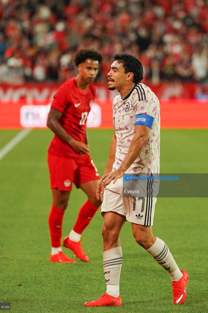 Gabriel Suazo #17 of Chile discuss with the assistant referee during the International Friendly match between Canada and Chile at BMO Filed. on September 26, 2026 in Toronto, Ontario. (Photo by Leonardo Ramirez/ Eyepix Group) (Photo by Leonardo Ramirez/ Eyepix Group/Eyepix via Nexpher Images)