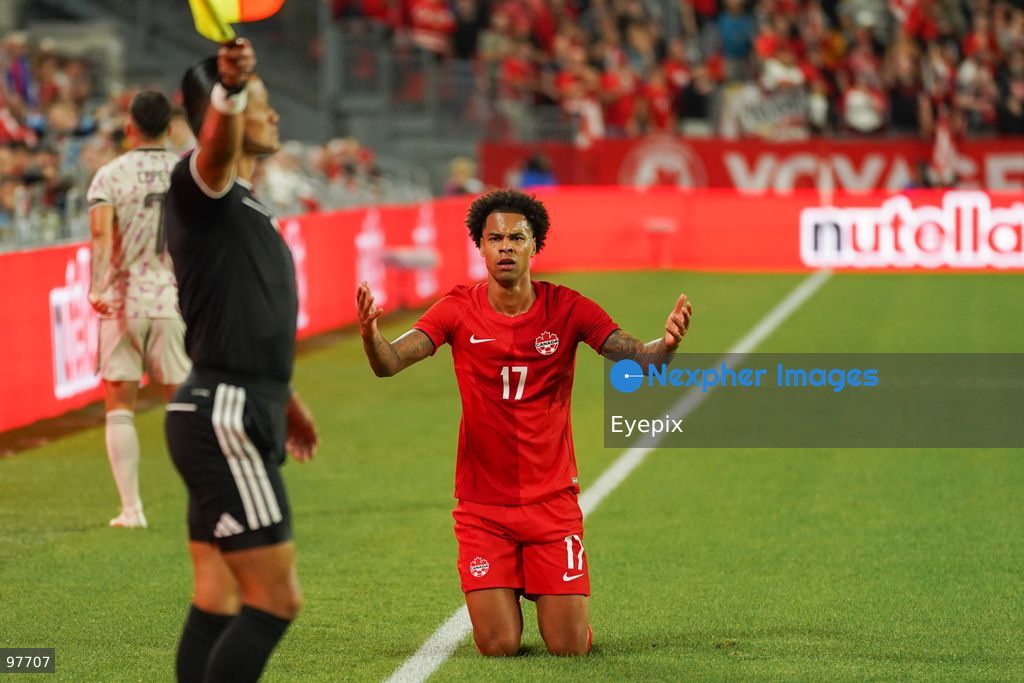 Tajon Buchanan #17 of Canada looks the referee asking for a foul during the International Friendly match between Canada and Chile at BMO Filed. on September 26, 2026 in Toronto, Ontario. (Photo by Leonardo Ramirez/ Eyepix Group) (Photo by Leonardo Ramirez/ Eyepix Group/Eyepix via Nexpher Images)
