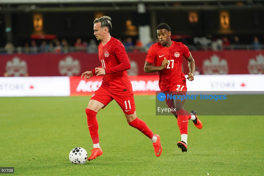 Liam Millar #11 of Canada and Richard Chukwu #27 of Canada control the ball during the International Friendly match between Canada and Chile at BMO Filed. on September 26, 2026 in Toronto, Ontario. (Photo by Leonardo Ramirez/ Eyepix Group) (Photo by Leonardo Ramirez/ Eyepix Group/Eyepix via Nexpher Images)
