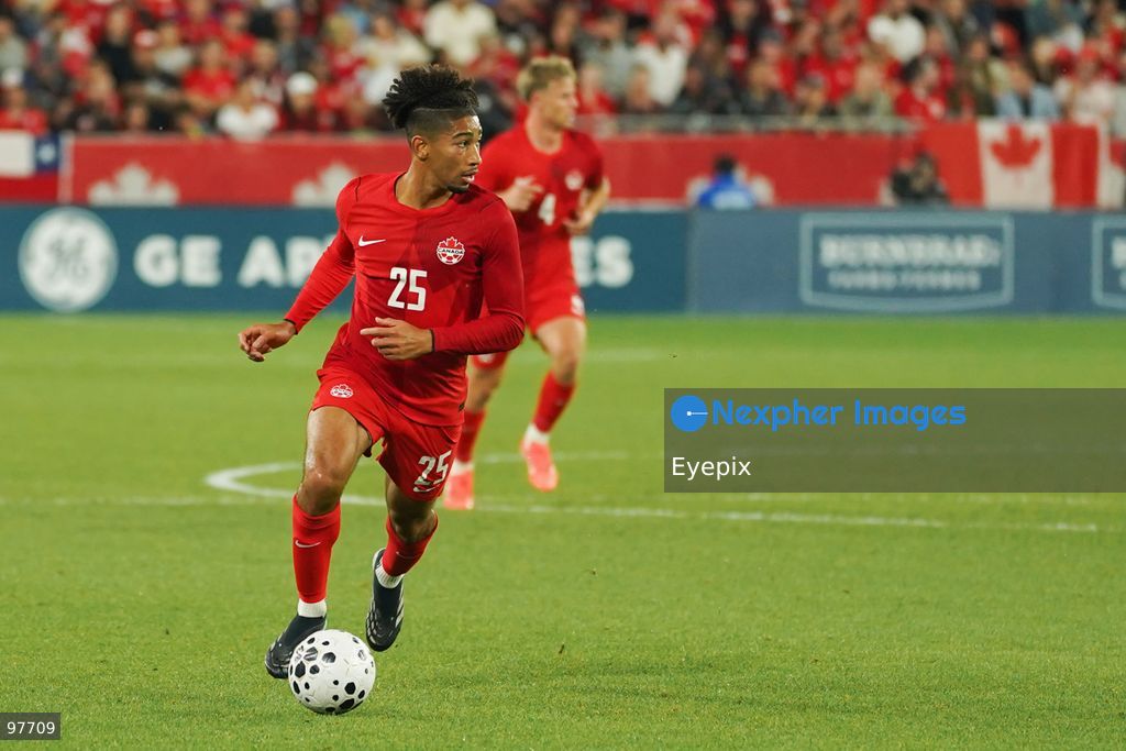 Nathan-Dylan Saliba #25 of Canada runs with the ball during the International Friendly match between Canada and Chile at BMO Filed. on September 26, 2026 in Toronto, Ontario. (Photo by Leonardo Ramirez/ Eyepix Group) (Photo by Leonardo Ramirez/ Eyepix Group/Eyepix via Nexpher Images)