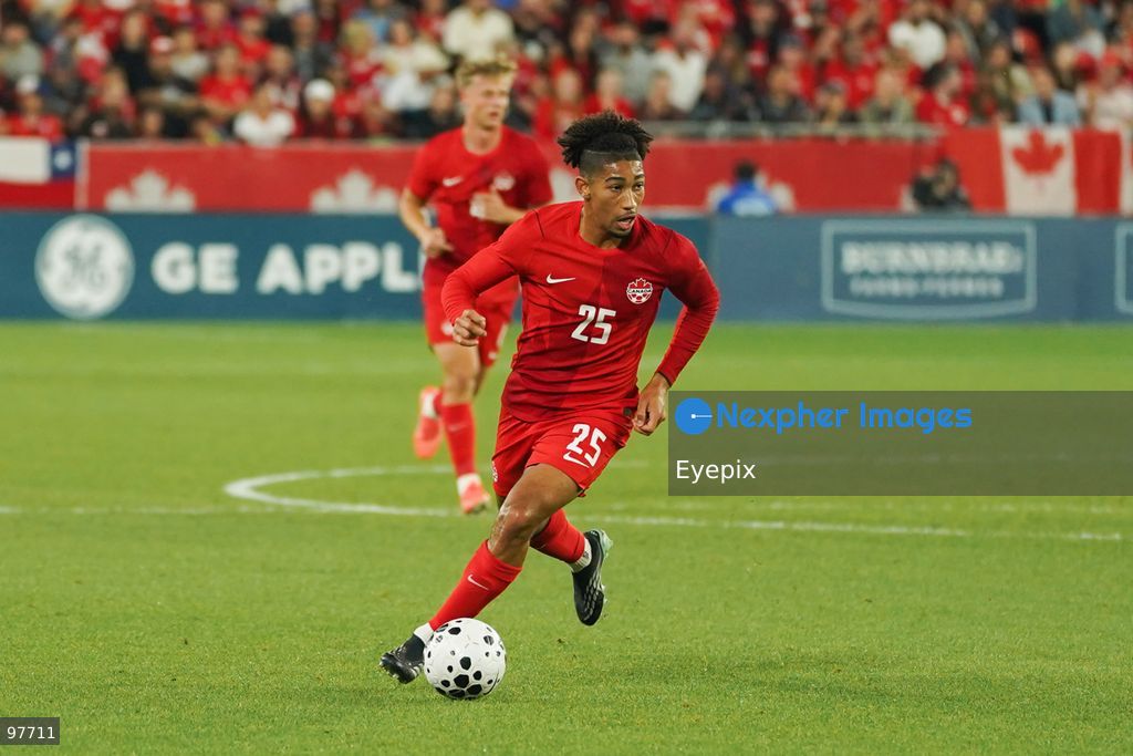 Nathan-Dylan Saliba #25 of Canada runs with the ball during the International Friendly match between Canada and Chile at BMO Filed. on September 26, 2026 in Toronto, Ontario. (Photo by Leonardo Ramirez/ Eyepix Group) (Photo by Leonardo Ramirez/ Eyepix Group/Eyepix via Nexpher Images)