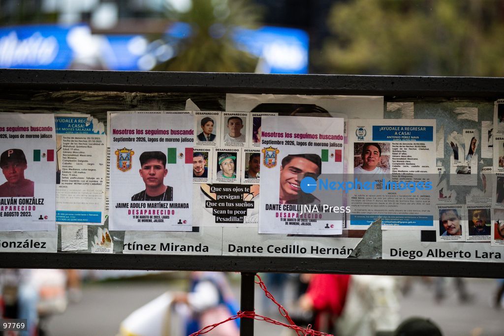 MEXICO CITY, MEXICO, SEPTEMBER 26, 2026: Families of the 43 missing Ayotzinapa students, students and human rights activists march through Mexico City to mark the 12th anniversary of the students’ disappearance and demand truth and justice. Thousands of demonstrators marched from the Ángel de la Independencia to the Zócalo, carrying photographs of the missing students and banners calling for answers over their fate. The 43 students from the Raúl Isidro Burgos Rural Teachers’ College disappeared in Iguala, Guerrero, on the night of September 26, 2014, and the case remains unresolved. Photo by Addi Setyawan / JNA Press. (Photo by addi setyawan/JNA Press via Nexpher Images)