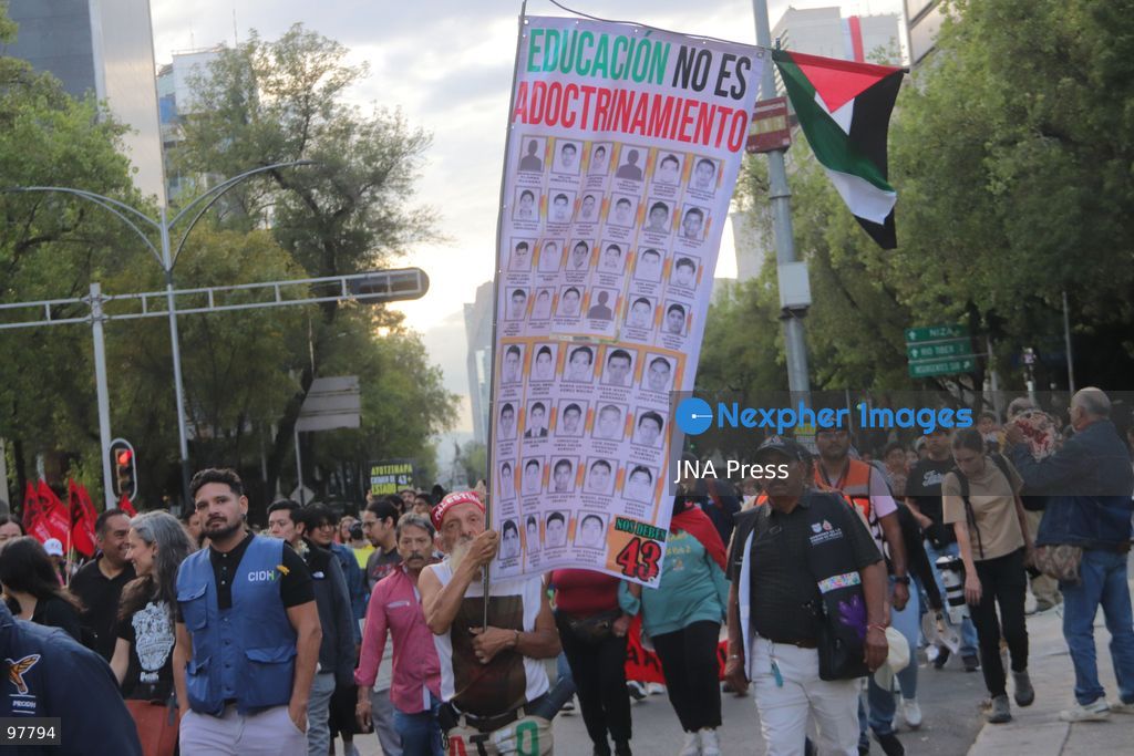 MEXICO CITY, MEXICO, SEPTEMBER 26, 2026: Relatives of the 43 missing Ayotzinapa students take part in a march in Mexico City marking the 12th anniversary of their disappearance and demanding truth and justice. The students from the Raúl Isidro Burgos Rural Teachers’ College disappeared in Iguala, Guerrero, on the night of September 26, 2014, in a case that remains unresolved. Photo by Carlos Santiago / JNA Press. (Photo by Carlos Santiago/JNA Press via Nexpher Images)