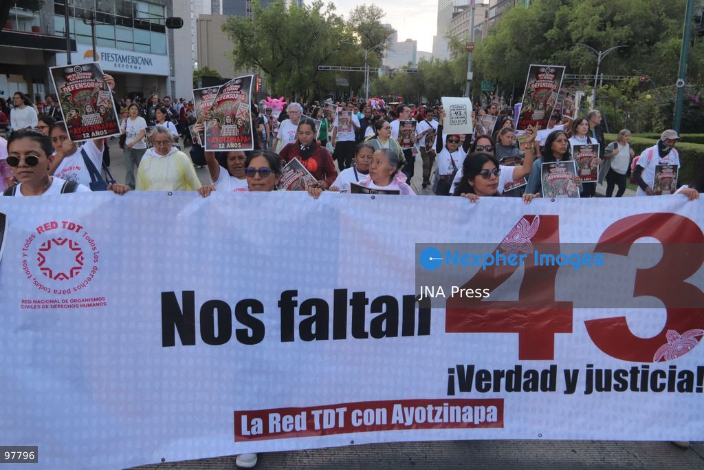 MEXICO CITY, MEXICO, SEPTEMBER 26, 2026: Relatives of the 43 missing Ayotzinapa students take part in a march in Mexico City marking the 12th anniversary of their disappearance and demanding truth and justice. The students from the Raúl Isidro Burgos Rural Teachers’ College disappeared in Iguala, Guerrero, on the night of September 26, 2014, in a case that remains unresolved. Photo by Carlos Santiago / JNA Press. (Photo by Carlos Santiago/JNA Press via Nexpher Images)