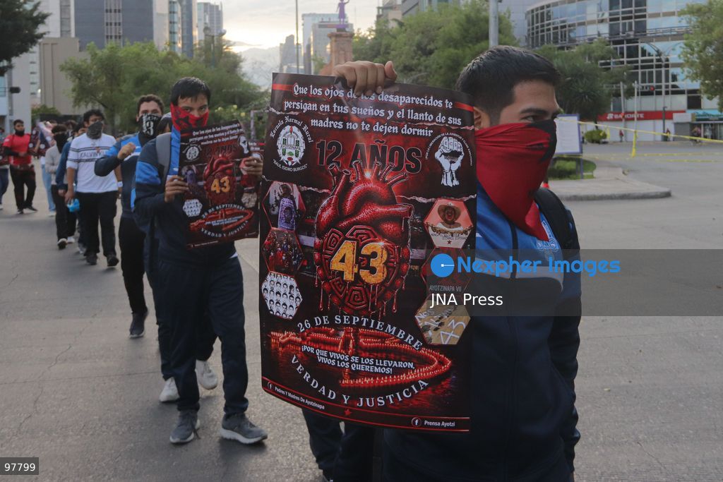 MEXICO CITY, MEXICO, SEPTEMBER 26, 2026: Relatives of the 43 missing Ayotzinapa students take part in a march in Mexico City marking the 12th anniversary of their disappearance and demanding truth and justice. The students from the Raúl Isidro Burgos Rural Teachers’ College disappeared in Iguala, Guerrero, on the night of September 26, 2014, in a case that remains unresolved. Photo by Carlos Santiago / JNA Press. (Photo by Carlos Santiago/JNA Press via Nexpher Images)