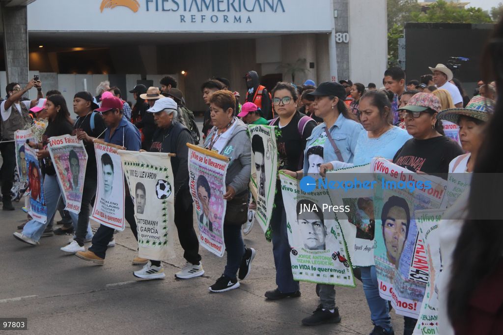 MEXICO CITY, MEXICO, SEPTEMBER 26, 2026: Relatives of the 43 missing Ayotzinapa students take part in a march in Mexico City marking the 12th anniversary of their disappearance and demanding truth and justice. The students from the Raúl Isidro Burgos Rural Teachers’ College disappeared in Iguala, Guerrero, on the night of September 26, 2014, in a case that remains unresolved. Photo by Carlos Santiago / JNA Press. (Photo by Carlos Santiago/JNA Press via Nexpher Images)