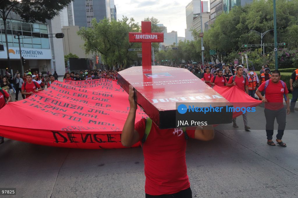 MEXICO CITY, MEXICO, SEPTEMBER 26, 2026: Relatives of the 43 missing Ayotzinapa students take part in a march in Mexico City marking the 12th anniversary of their disappearance and demanding truth and justice. The students from the Raúl Isidro Burgos Rural Teachers’ College disappeared in Iguala, Guerrero, on the night of September 26, 2014, in a case that remains unresolved. Photo by Carlos Santiago / JNA Press. (Photo by Carlos Santiago/JNA Press via Nexpher Images)