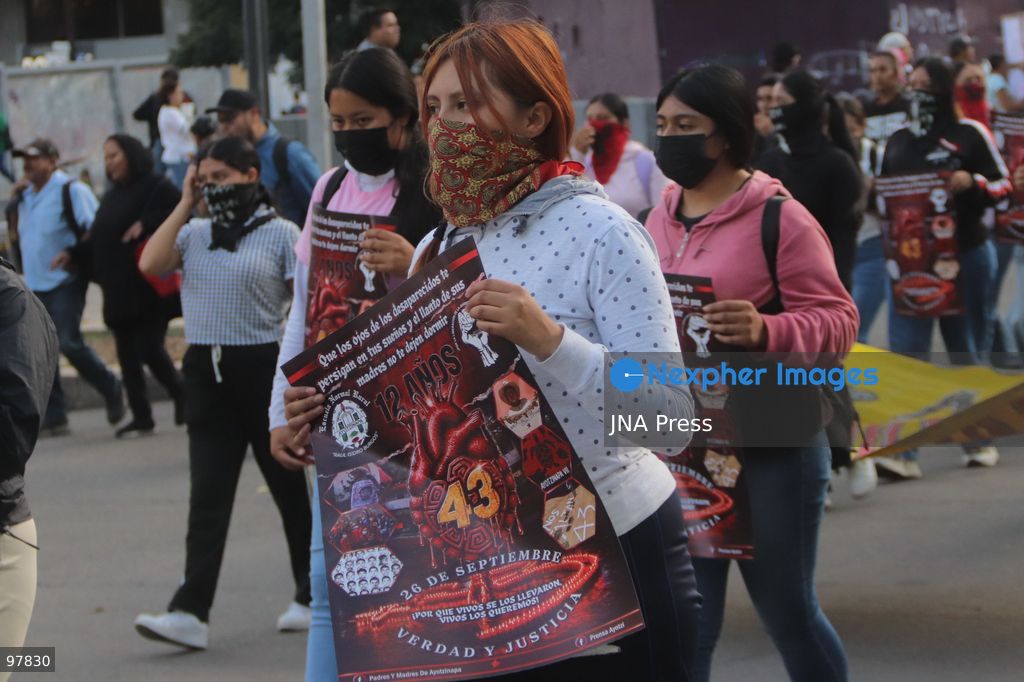 MEXICO CITY, MEXICO, SEPTEMBER 26, 2026: Relatives of the 43 missing Ayotzinapa students take part in a march in Mexico City marking the 12th anniversary of their disappearance and demanding truth and justice. The students from the Raúl Isidro Burgos Rural Teachers’ College disappeared in Iguala, Guerrero, on the night of September 26, 2014, in a case that remains unresolved. Photo by Carlos Santiago / JNA Press. (Photo by Carlos Santiago/JNA Press via Nexpher Images)