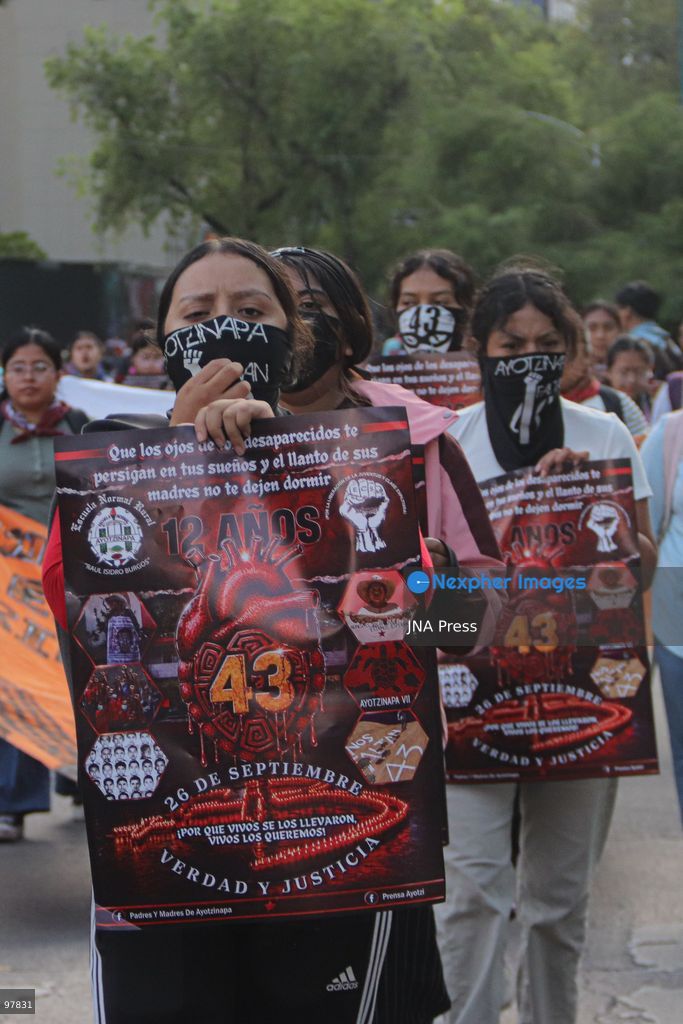 MEXICO CITY, MEXICO, SEPTEMBER 26, 2026: Relatives of the 43 missing Ayotzinapa students take part in a march in Mexico City marking the 12th anniversary of their disappearance and demanding truth and justice. The students from the Raúl Isidro Burgos Rural Teachers’ College disappeared in Iguala, Guerrero, on the night of September 26, 2014, in a case that remains unresolved. Photo by Carlos Santiago / JNA Press. (Photo by Carlos Santiago/JNA Press via Nexpher Images)