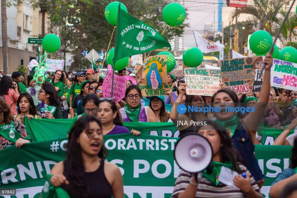 LIMA, PERU, SEPTEMBER 26, 2026: Women and activists demonstrate in central Lima ahead of International Safe Abortion Day, observed annually on September 28, calling for access to safe and legal abortion, the decriminalization of abortion and greater protection of sexual and reproductive rights. Demonstrators also highlighted sexual violence against girls and Indigenous students in Condorcanqui, in Peru’s Amazonas region. Photo by Ruby Farah / JNA Press. (Photo by Ruby Farah/JNA Press via Nexpher Images)