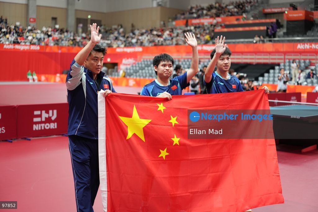 Lin Shidong and Huang Youzheng of china holding a Chinese flag at the Men's Doubles Final, Table Tennis at the 2026 Asian Games on September 27, 2026 in Japan. (Photo by Ellan Mad/Nexpher Images)