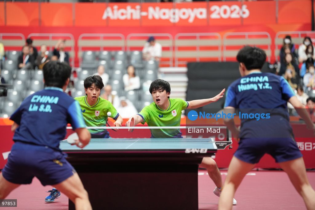 Harimoto Tomokazu and Shinozuka Hiroto of Japan  VS Lin Shidong and Huang Youzheng of China during Men's Doubles Final of Table Tennis at the 2026 Asian Games on September 27, 2026 in Japan. (Photo by Ellan Mad/Nexpher Images)