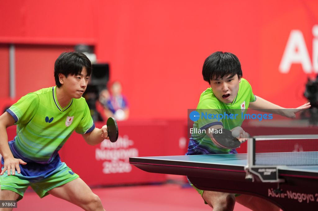 Harimoto Tomokazu and Shinozuka Hiroto of Japan during Men's Doubles Final of Table Tennis at the 2026 Asian Games on September 27, 2026 in Japan. (Photo by Ellan Mad/Nexpher Images)