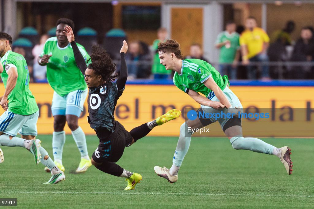 Aziel Jackson #16 of Minnesota United FC is fouled by Stuart Hawkins #39 of Seattle Sounders FC during the MLS match between Sounders FC and Minnesota United FC at Lumen Field. on September 26, 2026 in Seattle, Washington. (Photo by Jules Doyle/ Eyepix Group) (Photo by Jules Doyle / Eyepix Group/Eyepix via Nexpher Images)