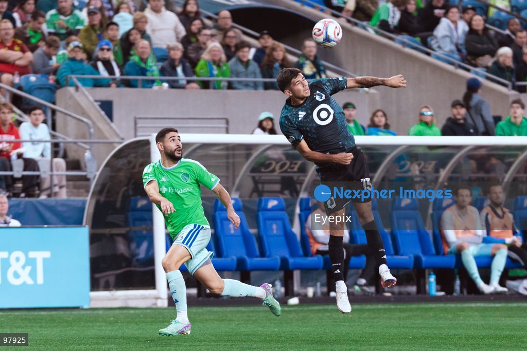 Anthony Markanich #13 of Minnesota United FC heads the ball during the MLS match between Sounders FC and Minnesota United FC at Lumen Field. on September 26, 2026 in Seattle, Washington. (Photo by Jules Doyle/ Eyepix Group) (Photo by Jules Doyle / Eyepix Group/Eyepix via Nexpher Images)