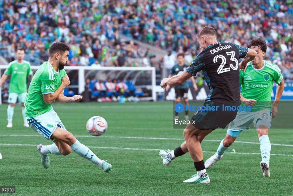 Morris Duggan #23 of Minnesota United FC shoots the ball during the MLS match between Sounders FC and Minnesota United FC at Lumen Field. on September 26, 2026 in Seattle, Washington. (Photo by Jules Doyle/ Eyepix Group) (Photo by Jules Doyle / Eyepix Group/Eyepix via Nexpher Images)