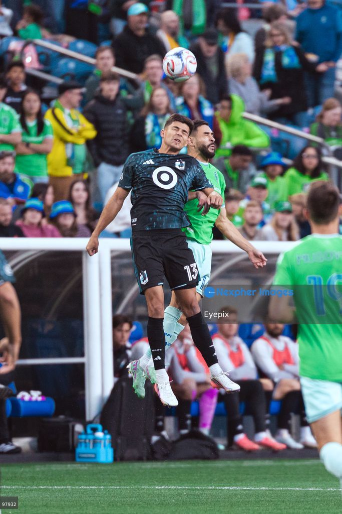 Anthony Markanich #13 of Minnesota United FC and Alex Roldan #16 of Seattle Sounders FC battle for the header during the MLS match between Sounders FC and Minnesota United FC at Lumen Field. on September 26, 2026 in Seattle, Washington. (Photo by Jules Doyle/ Eyepix Group) (Photo by Jules Doyle / Eyepix Group/Eyepix via Nexpher Images)