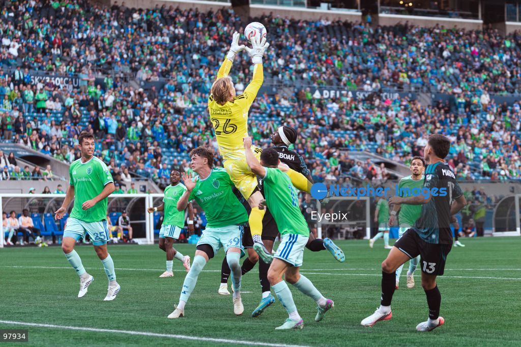 Andrew Thomas #26 goalkeeper of Seattle Sounders FC catches the ball during the MLS match between Sounders FC and Minnesota United FC at Lumen Field. on September 26, 2026 in Seattle, Washington. (Photo by Jules Doyle/ Eyepix Group) (Photo by Jules Doyle / Eyepix Group/Eyepix via Nexpher Images)