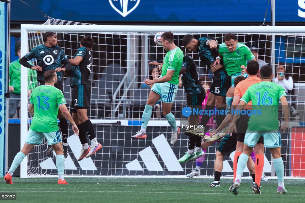 Players of Seattle Sounders FC and Minnesota United FC battle for the header during the MLS match between Sounders FC and Minnesota United FC at Lumen Field. on September 26, 2026 in Seattle, Washington. (Photo by Jules Doyle/ Eyepix Group) (Photo by Jules Doyle / Eyepix Group/Eyepix via Nexpher Images)