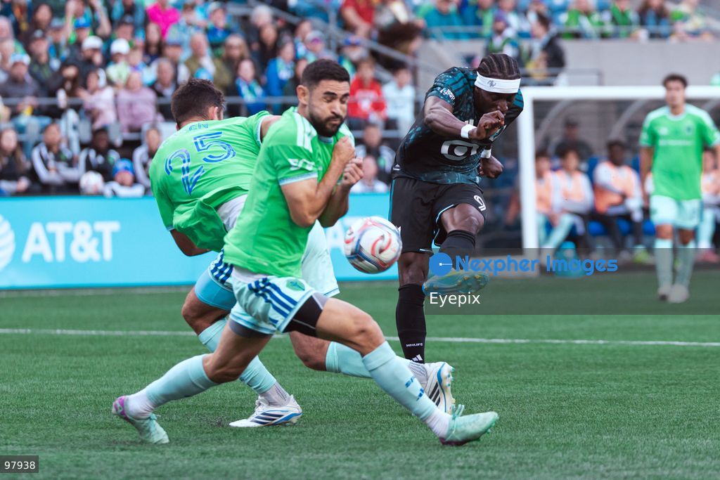 Kelvin Yeboah #9 of Minnesota United FC shoots the ball during the MLS match between Sounders FC and Minnesota United FC at Lumen Field. on September 26, 2026 in Seattle, Washington. (Photo by Jules Doyle/ Eyepix Group) (Photo by Jules Doyle / Eyepix Group/Eyepix via Nexpher Images)