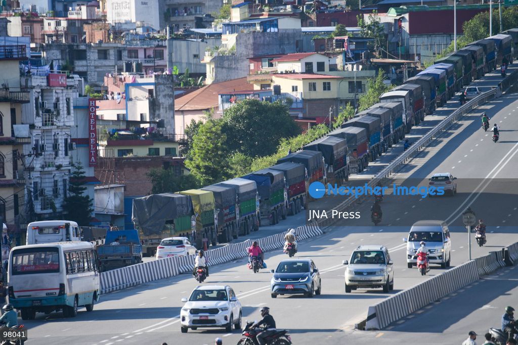 KATHMANDU, NEPAL – SEPTEMBER 27, 2026: Vehicles remained stranded along the Ring Road at Kalanki, a major gateway from Kathmandu toward Naubise and Naagdhunga, as the Prithvi Highway and other major routes remained disrupted by landslides and flooding following several days of continuous heavy rainfall. Rain since September 24 triggered landslides, road erosion and flooding at multiple locations, repeatedly blocking sections of the Prithvi Highway and leaving vehicles and passengers stranded. The highway was affected by landslides at locations including Krishnabhir, Chaukibhir, Jawang Khola and Fisling. The disruption created difficulties for long-distance drivers and passengers waiting in and around Kathmandu, with some remaining with their vehicles for extended periods while waiting for roads to reopen. Floods, landslides and road damage also affected other highways connecting Kathmandu with different parts of Nepal. Photo by Safal Prakash Shrestha / JNA Press (Photo by Safal Prakash Shrestha/JNA Press via Nexpher Images)