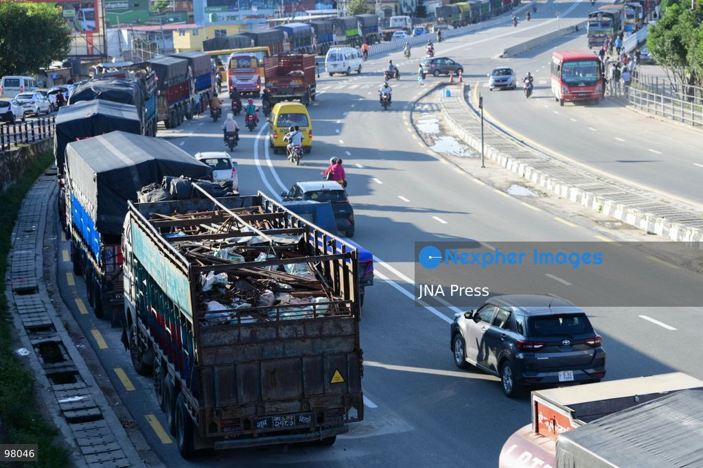 KATHMANDU, NEPAL – SEPTEMBER 27, 2026: Vehicles remained stranded along the Ring Road at Kalanki, a major gateway from Kathmandu toward Naubise and Naagdhunga, as the Prithvi Highway and other major routes remained disrupted by landslides and flooding following several days of continuous heavy rainfall. Rain since September 24 triggered landslides, road erosion and flooding at multiple locations, repeatedly blocking sections of the Prithvi Highway and leaving vehicles and passengers stranded. The highway was affected by landslides at locations including Krishnabhir, Chaukibhir, Jawang Khola and Fisling. The disruption created difficulties for long-distance drivers and passengers waiting in and around Kathmandu, with some remaining with their vehicles for extended periods while waiting for roads to reopen. Floods, landslides and road damage also affected other highways connecting Kathmandu with different parts of Nepal. Photo by Safal Prakash Shrestha / JNA Press (Photo by Safal Prakash Shrestha/JNA Press via Nexpher Images)