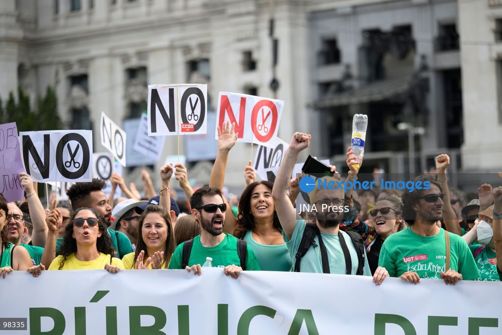 MADRID, SPAIN – SEPTEMBER 27, 2026: Thousands of people demonstrated in Madrid in support of public education. The demonstration ended at Puerta del Sol, where protesters joined the Sindicato de Inquilinas encampment. The march brought together people calling for quality public education as participants gathered in central Madrid. Photo by Tomas Calle / JNA Press. (Photo by Tomas Calle/JNA Press via Nexpher Images)