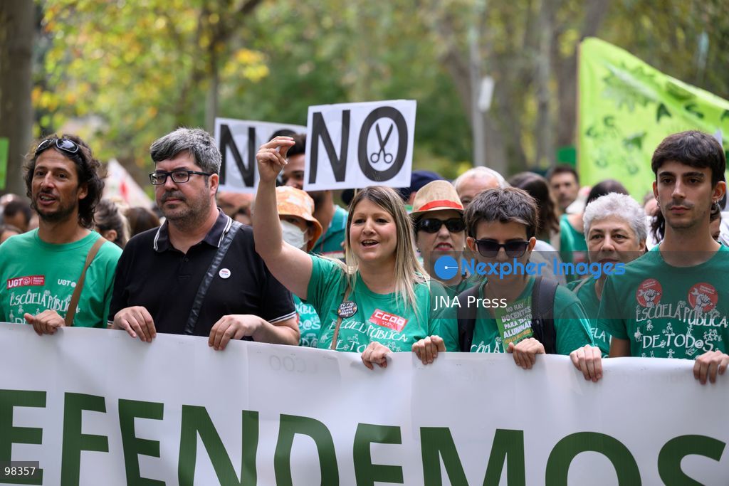 MADRID, SPAIN – SEPTEMBER 27, 2026: Thousands of people demonstrated in Madrid in support of public education. The demonstration ended at Puerta del Sol, where protesters joined the Sindicato de Inquilinas encampment. The march brought together people calling for quality public education as participants gathered in central Madrid. Photo by Tomas Calle / JNA Press. (Photo by Tomas Calle/JNA Press via Nexpher Images)