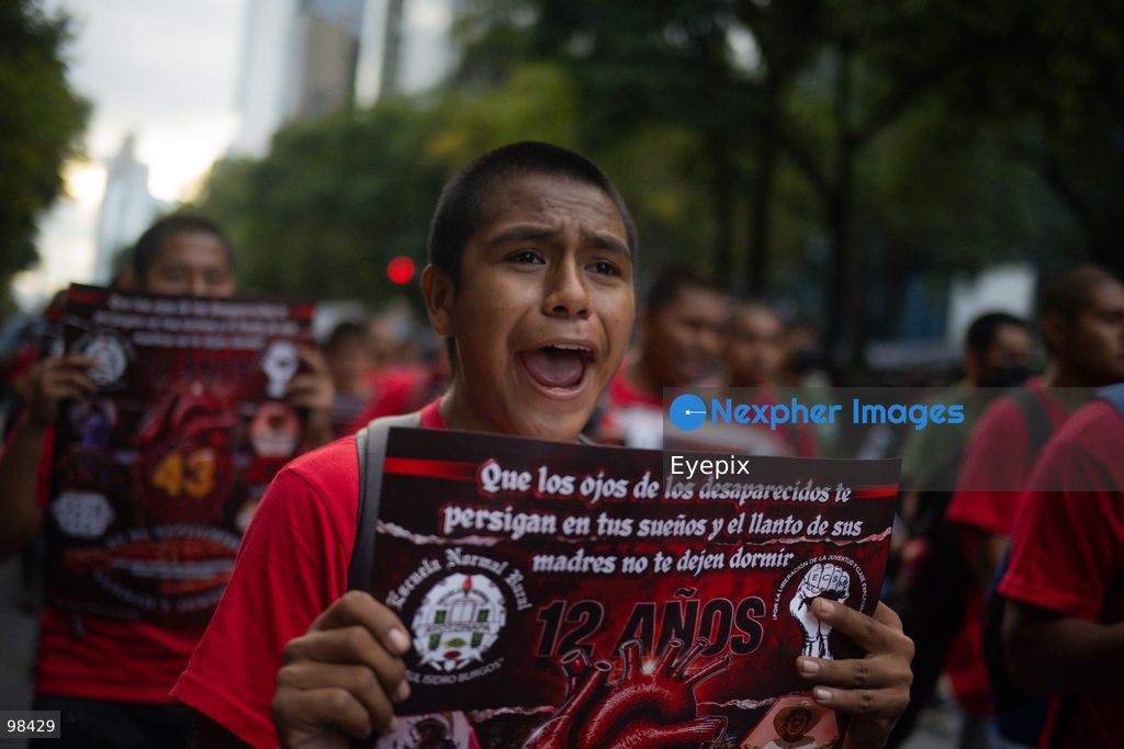 A rural student from the Ayotzinapa Teacher Training School reacts while taking part during a rally to demand justice and truth on the 12th anniversary of the disappearance of the 43 students, in Mexico City, Mexico on September 26, 2026. (Photo by Marco Gonzalez/ Eyepix Group) (Photo by Marco Gonzalez/ Eyepix Group/Eyepix via Nexpher Images)