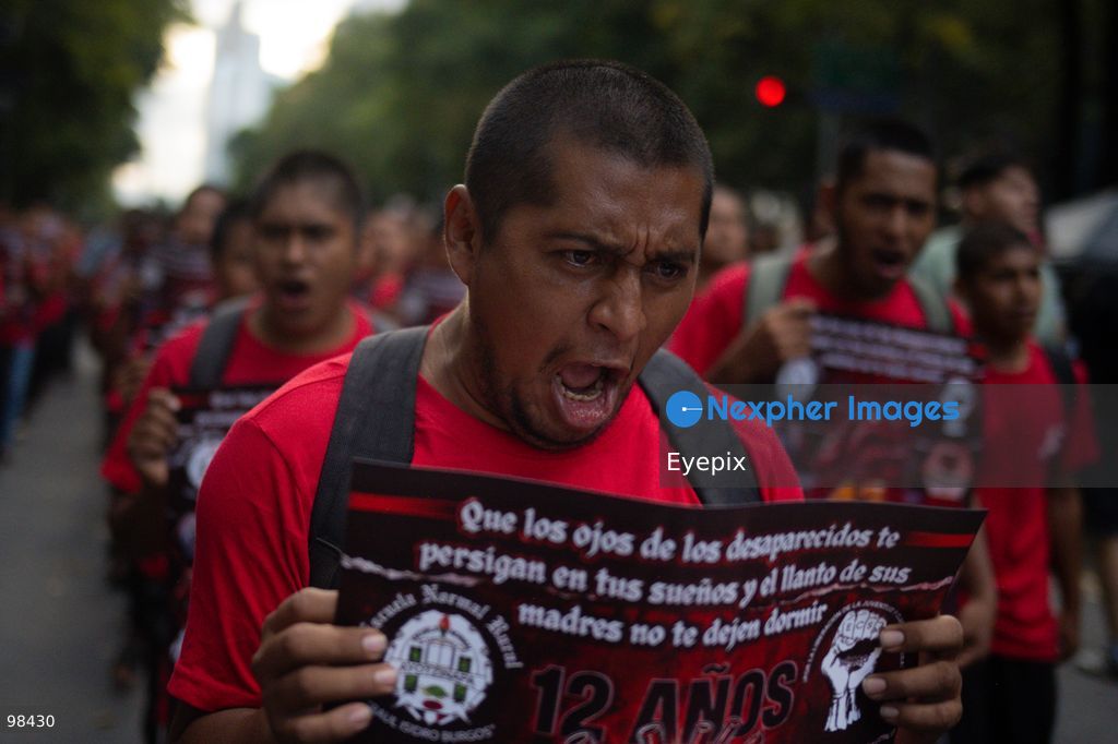 A rural student from the Ayotzinapa Teacher Training School reacts while taking part during a rally to demand justice and truth on the 12th anniversary of the disappearance of the 43 students, in Mexico City, Mexico on September 26, 2026. (Photo by Marco Gonzalez/ Eyepix Group) (Photo by Marco Gonzalez/ Eyepix Group/Eyepix via Nexpher Images)