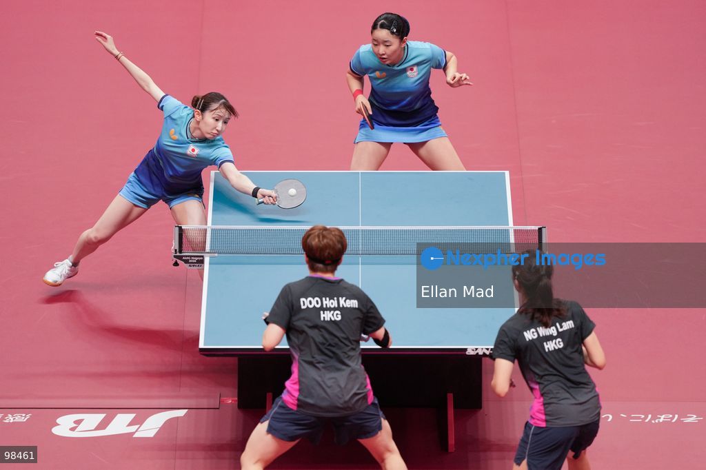 Miwa Harimoto and Hina Hayata of Japan VS Doo Hoi Kem and Ng Wing Lam of Hong Kong during Women's Doubles Semi-finals, Table Tennis at the 2026 Asian Games on September 28, 2026 in Japan. (Photo by Ellan Mad/Nexpher Images)